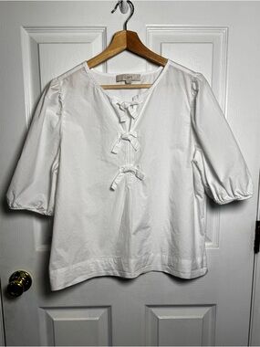 LOFT White Bow Tie Front Blouse Puff Sleeve 100% Cotton Top Size Medium Coastal